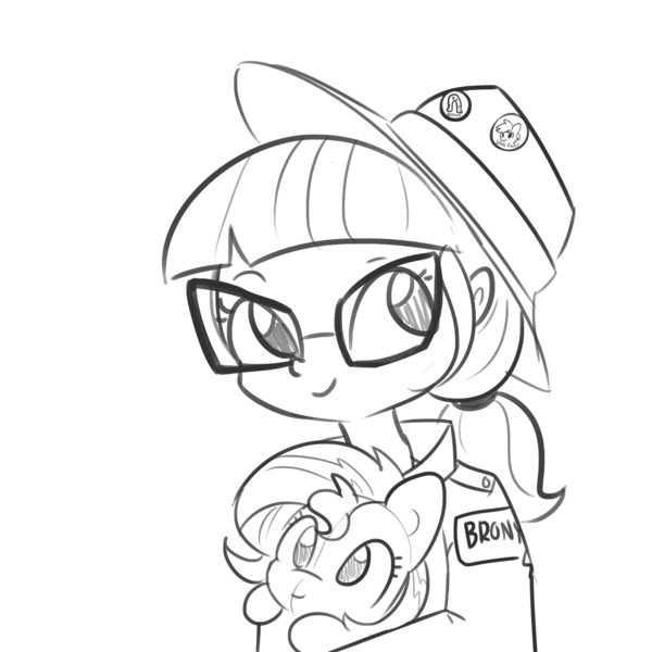 Size: 1650x1650 | Tagged: safe, artist:tjpones, derpibooru import, sci-twi, sunset shimmer, twilight sparkle, alicorn, equestria girls, 20% cooler, alicornified, black and white, brony, cute, female, glasses, grayscale, hat, hoofbump, looking at you, monochrome, plushie, race swap, shimmercorn, simple background, smiling, solo, twiabetes, white background