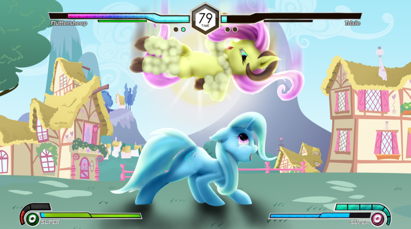 Size: 4209x2345 | Tagged: safe, artist:earthenhoof, artist:starkdust, derpibooru import, fluttershy, trixie, unicorn, them's fightin' herds, cloven hooves, community related, female, fight, fluttersheep, grin, ponyville, smiling