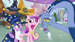 Size: 1920x1080 | Tagged: alicorn, blue flu, clothes, costume, crown, derpibooru import, discord, jewelry, ponyville, princess cadance, regalia, safe, screencap, sick, star swirl the bearded costume, three's a crowd, twilight sparkle, twilight sparkle (alicorn)