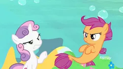 Size: 1280x720 | Tagged: safe, derpibooru import, screencap, apple bloom, scootaloo, sweetie belle, pony, seapony (g4), unicorn, surf and/or turf, bubble, cutie mark crusaders, faic, female, filly, sea-mcs, seaponified, seapony apple bloom, seapony scootaloo, seapony sweetie belle, seaquestria, species swap, your heart is in two places