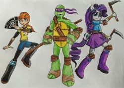 Size: 2678x1909 | Tagged: safe, artist:bozzerkazooers, derpibooru import, rarity, equestria girls, action pose, april o'neil, donatello, fan, ponied up, sickle, teenage mutant ninja turtles, tmnt 2012, traditional art