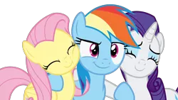 Size: 8889x5000 | Tagged: safe, artist:sollace, derpibooru import, fluttershy, rainbow dash, rarity, pegasus, pony, unicorn, fake it 'til you make it, grannies gone wild, .svg available, absurd resolution, c:, cute, dashabetes, eyes closed, female, flutterdash, lesbian, rainbow dash gets all the mares, raised hoof, raribetes, raridash, shipping, shyabetes, side hug, simple background, smiling, smoosh, smug, tinyface, transparent background, trio, vector