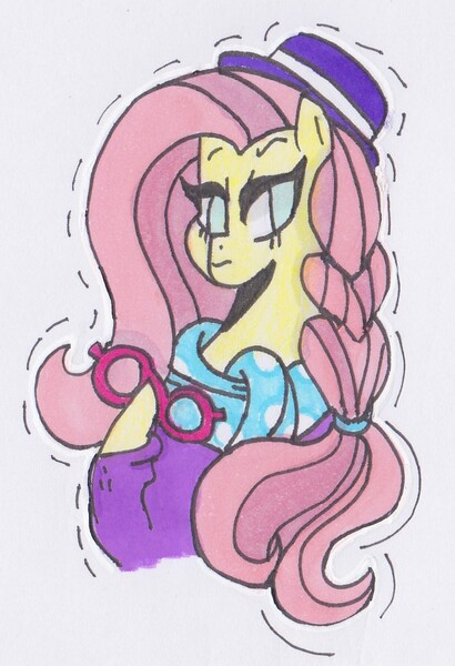 Size: 692x1013 | Tagged: safe, artist:draw1709, derpibooru import, fluttershy, pony, fake it 'til you make it, alternate hairstyle, clothes, glasses, hat, hipstershy, solo, traditional art