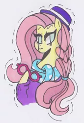 Size: 692x1013 | Tagged: safe, artist:draw1709, derpibooru import, fluttershy, pony, fake it 'til you make it, alternate hairstyle, clothes, glasses, hat, hipstershy, solo, traditional art