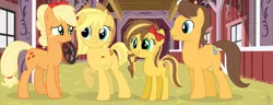 Size: 2300x884 | Tagged: safe, artist:ilaria122, derpibooru import, applejack, caramel, oc, oc:apple jam, oc:applemel, earth pony, pony, applejack's hat, bandana, bow, braid, couple, cowboy hat, hat, next generation, offspring, parent:applejack, parent:caramel, parents:carajack, simple background, smiling