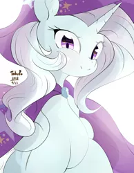 Size: 700x900 | Tagged: safe, artist:tohupo, derpibooru import, trixie, unicorn, blushing, cape, clothes, cute, diatrixes, hat, jewel, looking at you, simple background, smiling, solo, trixie's cape, trixie's hat, white background