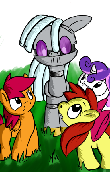 Size: 1271x1987 | Tagged: safe, artist:greenfinger, derpibooru import, apple bloom, scootaloo, sweetie belle, oc, oc:turing test, earth pony, pegasus, pony, robot, robot pony, unicorn, fanfic, fanfic:the iron horse: everything's better with robots, cutie mark crusaders, fanfic art, simple background, transparent background