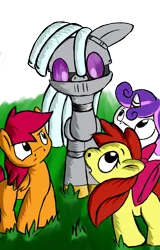 Size: 1271x1987 | Tagged: safe, artist:greenfinger, derpibooru import, apple bloom, scootaloo, sweetie belle, oc, oc:turing test, earth pony, pegasus, pony, robot, robot pony, unicorn, fanfic, fanfic:the iron horse: everything's better with robots, cutie mark crusaders, fanfic art, simple background, transparent background