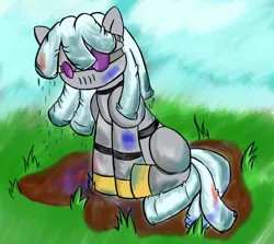 Size: 1672x1489 | Tagged: safe, artist:greenfinger, derpibooru import, oc, oc:turing test, unofficial characters only, pony, robot, robot pony, fanfic, fanfic:the iron horse: everything's better with robots, fanfic art, mud, sad