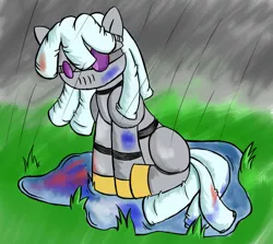 Size: 1672x1489 | Tagged: safe, alternate version, artist:greenfinger, derpibooru import, oc, oc:turing test, unofficial characters only, pony, robot, robot pony, fanfic, fanfic:the iron horse: everything's better with robots, fanfic art, mud, puddle, rain, sad