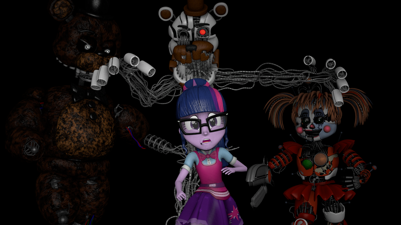 Size: 1920x1080 | Tagged: safe, artist:optimussparkle, derpibooru import, sci-twi, twilight sparkle, equestria girls, 3d, chase, circus baby, five nights at freddy's, freddy fazbear's pizzeria simulator, ignited freddy, molten freddy, scared, scrap baby, source filmmaker, the joy of creation