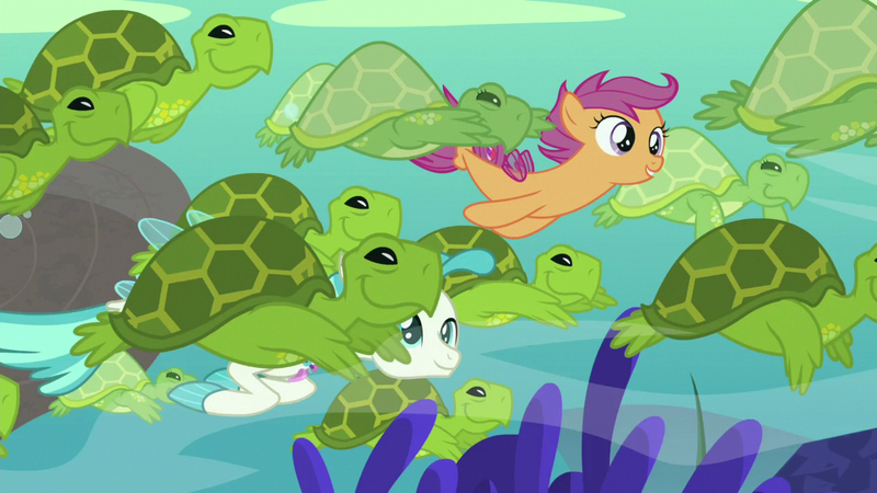 Size: 1280x720 | Tagged: apple bloom, cutie mark crusaders, derpibooru import, safe, scootaloo, screencap, sea-mcs, seaponified, seapony apple bloom, seapony (g4), seapony scootaloo, seapony sweetie belle, sea turtle, species swap, surf and/or turf, sweetie belle, swimming, terramar, turtle, your heart is in two places