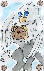 Size: 758x1226 | Tagged: safe, artist:crunchycrowe, derpibooru import, oc, oc:der, unofficial characters only, gryphon, cookie, flying, food, male, solo, that griffon sure "der"s love cookies, traditional art