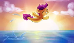 Size: 1700x1000 | Tagged: artist:tcn1205, breach, cute, cutealoo, derpibooru import, eyes closed, jumping, ocean, safe, scootaloo, seaponified, seapony (g4), seapony scootaloo, smiling, solo, species swap, sunset, surf and/or turf