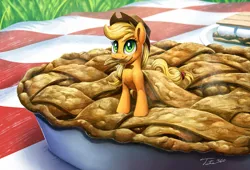 Size: 1200x815 | Tagged: safe, artist:tsitra360, derpibooru import, applejack, earth pony, pony, apple, apple pie, applejack's hat, chocolate, cowboy hat, cute, dessert, female, food, freckles, graham cracker, hat, jackabetes, mare, marshmallow, micro, picnic blanket, pie, ponies in food, pun, s'mores, smores, solo, tiny, tiny ponies, visual pun