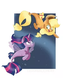 Size: 5465x6770 | Tagged: absurd resolution, alicorn, applejack, applejack's hat, artist:drawbauchery, cowboy hat, derpibooru import, duo, female, hat, horn, looking at each other, my little pony: the movie, safe, seaponified, seapony applejack, seapony (g4), seapony twilight, species swap, twilight sparkle, twilight sparkle (alicorn), underwater