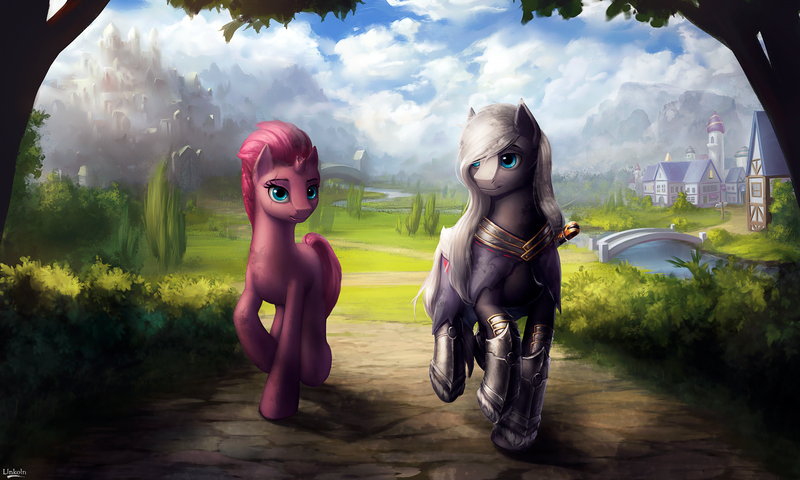 Size: 2500x1500 | Tagged: safe, artist:l1nkoln, derpibooru import, tempest shadow, oc, earth pony, pony, unicorn, my little pony: the movie, armor, blaze (coat marking), bridge, broken horn, city, commission, duo, eye scar, female, horn, male, mare, path, river, scar, scenery, scenery porn, stallion, town, walking