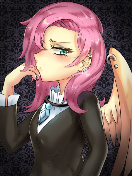 Size: 750x1000 | Tagged: safe, artist:tzc, derpibooru import, fluttershy, human, equestria girls, fake it 'til you make it, anime, bust, clothes, ear piercing, fluttergoth, humanized, looking sideways, piercing, portrait, profile, solo, wing piercing, winged humanization, wings