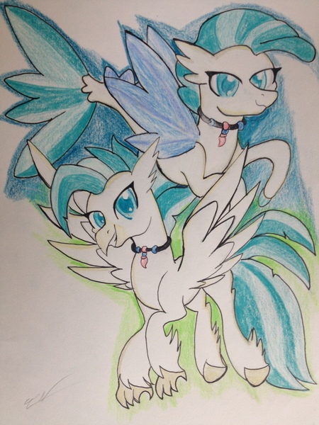 Size: 2448x3264 | Tagged: artist:luxiwind, classical hippogriff, derpibooru import, duality, high res, hippogriff, safe, seapony (g4), solo, surf and/or turf, terramar, traditional art