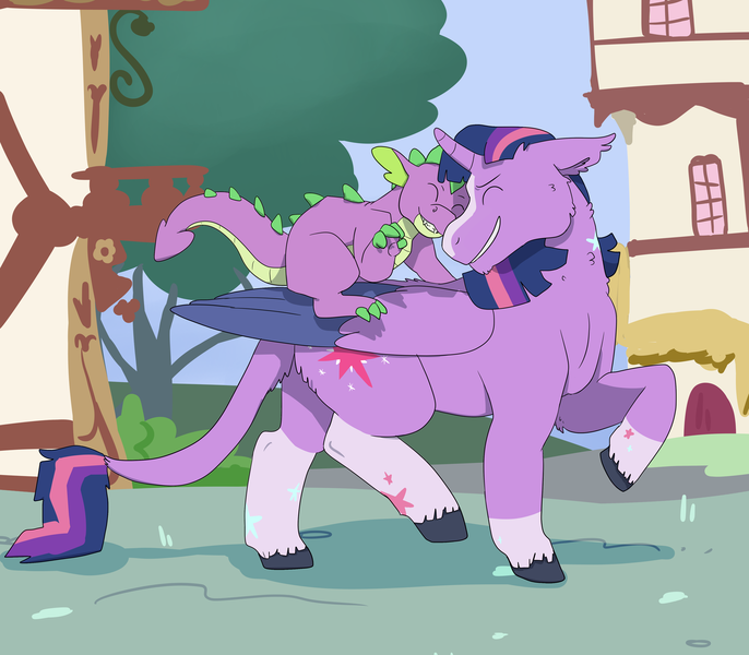 Size: 4000x3500 | Tagged: safe, artist:flyingeevee, derpibooru import, spike, twilight sparkle, twilight sparkle (alicorn), alicorn, dragon, pony, alternate design, alternative cutie mark placement, blaze (coat marking), claws, coat markings, colored claws, colored wings, curved horn, cutie mark, dragons riding ponies, duo, ear fluff, eyes closed, female, happy, horn, leonine tail, male, mare, nuzzling, ponyville, riding, smiling, socks (coat marking), spikelove, walking, wings