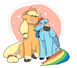 Size: 4000x3500 | Tagged: safe, artist:flyingeevee, derpibooru import, applejack, rainbow dash, earth pony, pegasus, pony, abstract background, appledash, applejack's hat, blushing, cowboy hat, cutie mark, ear fluff, eyes closed, female, freckles, hair over one eye, hair tie, hat, heart, hug, lesbian, looking sideways, mare, shipping, sidemouth, simple background, sitting, size difference, smiling, transparent background