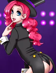 Size: 500x650 | Tagged: artist:apzzang, ass, butt, clothes, cufflinks, cuffs (clothes), derpibooru import, female, frock coat, hat, human, humanized, leotard, magician outfit, pinkie pie, solo, solo female, suggestive, top hat, tuxedo