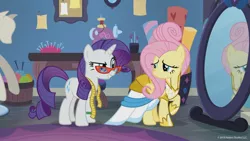 Size: 1644x925 | Tagged: safe, derpibooru import, screencap, fluttershy, rarity, pegasus, pony, unicorn, fake it 'til you make it, clothes, duo, duo female, female, glasses, looking at each other, mare, measuring tape, mirror, needle, smiling, warrior of inner strength, warriorshy