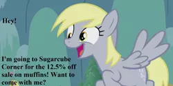 Size: 1792x896 | Tagged: bronybait, cropped, cute, derpabetes, derpibooru import, derpy hooves, edit, edited screencap, irrational exuberance, muffin, safe, screencap, slice of life (episode), smiling, solo, text, that pony sure does love muffins