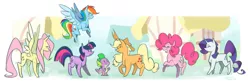 Size: 1851x616 | Tagged: safe, artist:egophiliac, derpibooru import, applejack, fluttershy, pinkie pie, rainbow dash, rarity, spike, twilight sparkle, dragon, earth pony, pegasus, pony, unicorn, celestia's faithfuls, cowboy hat, eyes closed, female, flying, grin, hat, male, mane seven, mane six, mare, raised hoof, signature, smiling, spread wings, unicorn twilight, wings