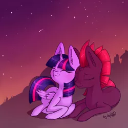 Size: 1536x1536 | Tagged: safe, artist:dsp2003, derpibooru import, fizzlepop berrytwist, tempest shadow, twilight sparkle, twilight sparkle (alicorn), alicorn, pony, unicorn, my little pony: the movie, :3, ^3^, blushing, broken horn, cute, daaaaaaaaaaaw, dsp2003 is trying to murder us, ear fluff, eyes closed, female, horn, lesbian, mare, shipping, signature, smiling, stars, tempestbetes, tempestlight, twiabetes