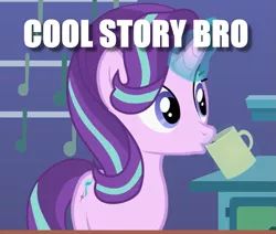 Size: 867x735 | Tagged: caption, coffee, cool story bro, derpibooru import, edit, edited screencap, image macro, meme, princesses don't sleep, safe, screencap, sipping, solo, starlight glimmer, text