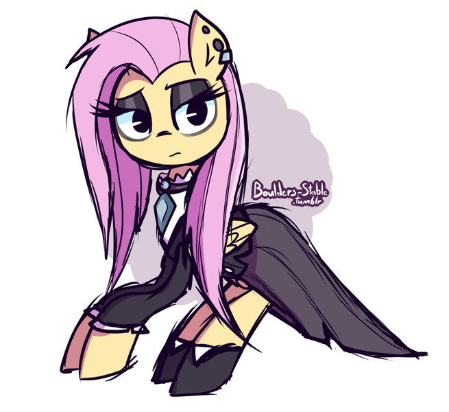 Size: 1280x1172 | Tagged: safe, artist:lilboulder, derpibooru import, fluttershy, pegasus, pony, fake it 'til you make it, clothes, eyeshadow, female, fluttergoth, makeup, mare, signature, solo