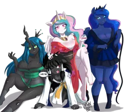 Size: 5000x4400 | Tagged: suggestive, artist:danmakuman, derpibooru import, princess celestia, princess luna, queen chrysalis, oc, oc:midnight radiance (sixpathspony), alicorn, anthro, changeling, changeling queen, plantigrade anthro, absolute cleavage, absurd resolution, alcohol, anthro oc, breasts, busty princess celestia, busty princess luna, busty queen chrysalis, cleavage, clothes, commission, digital art, dress, female, kimono (clothing), looking at you, mare, reversalis, royal sisters, sharingan, signature, simple background, sitting, smiling, transparent background, wine