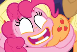 Size: 1258x844 | Tagged: applejack, butthug, butt touch, derpibooru import, edit, edited screencap, faceful of ass, hug, pinkie hugging applejack's butt, pinkie pie, safe, screencap, shadow play