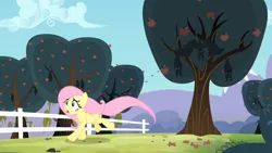 Size: 1280x720 | Tagged: safe, derpibooru import, screencap, fluttershy, bat, fruit bat, pegasus, pony, vampire fruit bat, bats!, apple, apple orchard, apple tree, bullet seed, female, fence, mare, orchard, red eyes, running, running away, spread wings, tree, upside down, wings