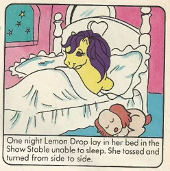 Size: 304x306 | Tagged: bed, brandy, coloring error, comic:my little pony (g1), derpibooru import, dog, g1, indoors, insomnia, lemon drop, night, official, official comic, one moonlit night, pet, safe, show stable, sleeping