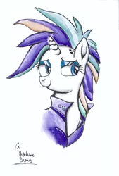 Size: 1594x2358 | Tagged: alternate hairstyle, artist:chiptunebrony, bust, clean, copic, derpibooru import, finished version, ink, it isn't the mane thing about you, looking at you, name, punk, raripunk, rarity, restoration, safe, signature, traditional art, watercolor painting