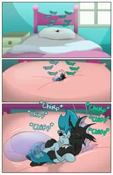 Size: 3300x5100 | Tagged: artist:willdabeard, bed, bedroom, breezie, changeling, chirping, comic, comic:flurry's nightmare, cuddlebug, cuddling, derpibooru import, hug, micro, oc, oc:flurry, oc:half pint, oc:misty, pillow, safe, sleeping