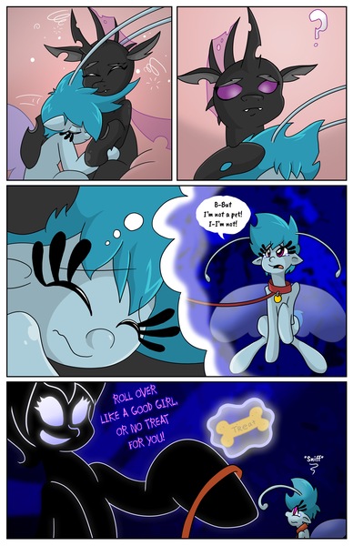 Size: 3300x5100 | Tagged: artist:willdabeard, breezie, changeling, changeling oc, collar, comic, comic:flurry's nightmare, crying, cuddling, derpibooru import, dream, good girl, leash, micro, nightmare, oc, oc:flurry, oc:half pint, oc:misty, pet play, purple changeling, safe, sleeping, tears of pain