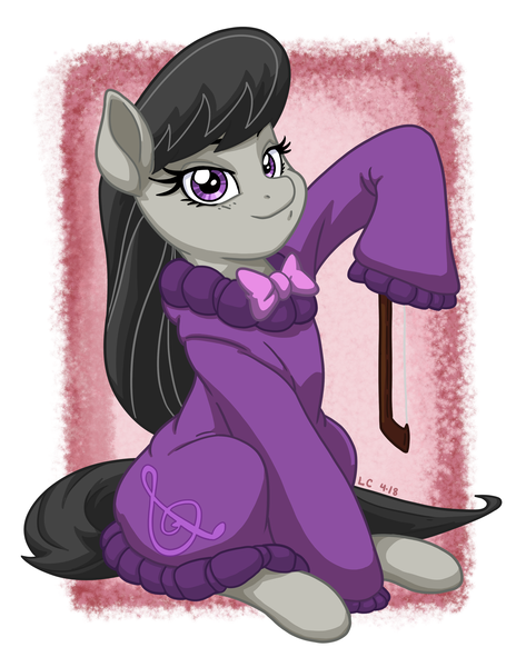 Size: 2550x3300 | Tagged: safe, artist:latecustomer, derpibooru import, octavia melody, earth pony, pony, bow (instrument), clothes, female, looking at you, mare, oversized clothes, smiling, solo, sweater