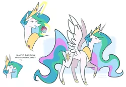 Size: 937x649 | Tagged: safe, artist:egophiliac, derpibooru import, princess celestia, alicorn, pony, celestial advice, bust, celestia's faithfuls, cupcake, dialogue, ethereal mane, female, food, glowing horn, horn, jewelry, magic, mare, open mouth, raised hoof, regalia, simple background, solo, spread wings, telekinesis, white background, wings