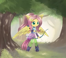 Size: 1350x1200 | Tagged: safe, alternate version, artist:howxu, derpibooru import, fluttershy, equestria girls, friendship games, alternate hairstyle, arrow, bow (weapon), bow and arrow, cute, ear fluff, forest, ponied up, ponytail, shyabetes, solo, weapon, wings