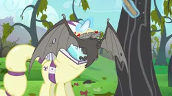 Size: 1440x809 | Tagged: safe, derpibooru import, screencap, rarity, alien, bat, facehugger, fruit bat, pony, unicorn, vampire fruit bat, bats!, alien (franchise), apple orchard, bare tree, fangs, hazmat suit, magic, magic aura, orchard, rotten apple, spread wings, telekinesis, wing claws, wings