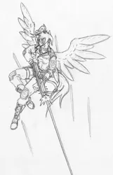 Size: 1732x2696 | Tagged: anthro, artist:siegfriednox, combat, derpibooru import, fallout equestria, fallout equestria: project horizons, fanfic art, flying, grand pegasus enclave, laser, oc, oc:morning glory (project horizons), pegasus, safe, traditional art, weapon