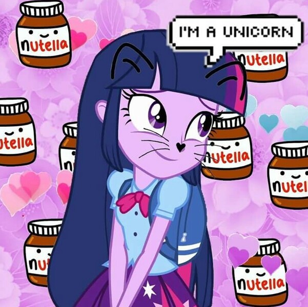 Size: 717x716 | Tagged: safe, derpibooru import, edit, twilight sparkle, twilight sparkle (alicorn), alicorn, equestria girls, captain obvious, cat ears, cute, food, nutella, twiabetes