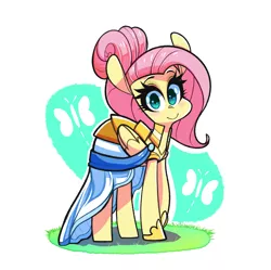 Size: 1961x1957 | Tagged: safe, artist:sourspot, derpibooru import, fluttershy, pegasus, pony, fake it 'til you make it, clothes, cute, dress, female, folded wings, looking at you, mare, smiling, solo, standing, three quarter view, warrior of inner strength, warriorshy, wings