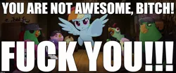 Size: 1920x808 | Tagged: anti-bronybait, applejack, blatant lies, boyle, caption, derpibooru import, downvote bait, edit, edited screencap, fluttershy, image macro, lix spittle, meme, mullet (character), murdock, my little pony: the movie, not awesome, parrot pirates, pirate, rainbow dash, rarity, safe, screencap, spike, storm king, text, time to be awesome, verbal abuse, vulgar