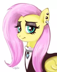 Size: 495x624 | Tagged: artist:hardbrony, clothes, derpibooru import, ear piercing, fake it 'til you make it, fluttergoth, fluttershy, lidded eyes, looking at you, piercing, safe, simple background, solo, traditional art, white background