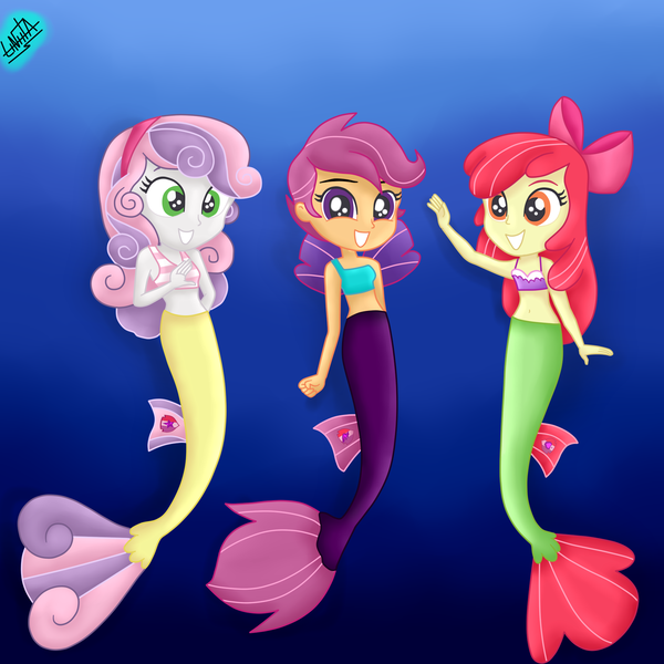 Size: 1800x1800 | Tagged: safe, artist:liniitadash23, derpibooru import, apple bloom, scootaloo, sweetie belle, mermaid, seapony (g4), equestria girls, surf and/or turf, bow, clothes, cute, cutie mark, cutie mark crusaders, equestria girls interpretation, fin wings, fins, hairband, mermaidized, ocean, scene interpretation, sea-mcs, seaponified, seapony apple bloom, seapony scootaloo, seapony sweetie belle, signature, species swap, the cmc's cutie marks, underwater, wings