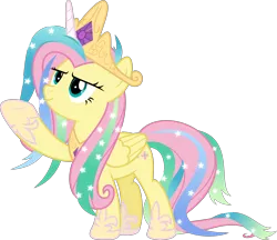 Size: 5237x4533 | Tagged: safe, artist:jhayarr23, derpibooru import, fluttershy, pegasus, pony, horse play, absurd resolution, acting, best princess, celestia costume, celestia's crown, clothes, cosplay, costume, crown, fake horn, female, jewelry, mare, raised hoof, regalia, roleplay, shylestia, simple background, transparent background, vector